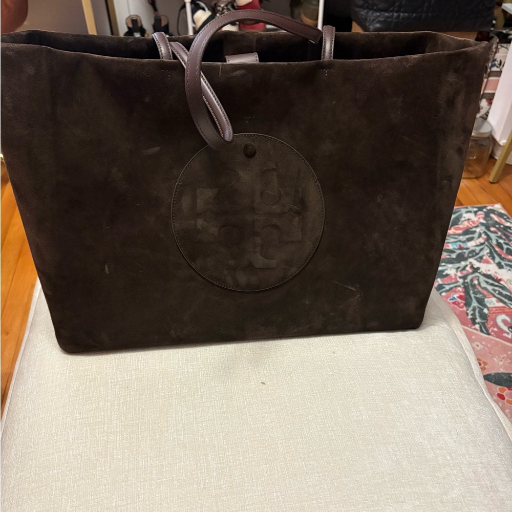 Tory Burch Dark Brown Suede Tote with Leather Handles